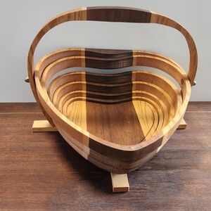 Handmade Vintage Heart Suspended Spiral Wood Folding Basket, Spring Folk Art